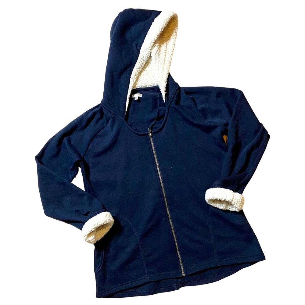 PJ Salvage Hoodie Jacket Size Medium Navy Blue Zip Front Shearling Lined Hood